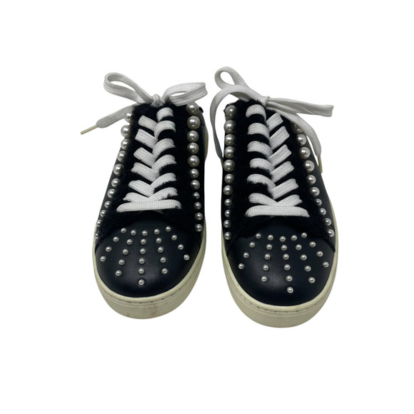 Stuart Weitzman Goldie Embellished Leather Backless Sneakers - Black - Size 7 - Picture 3 of 8